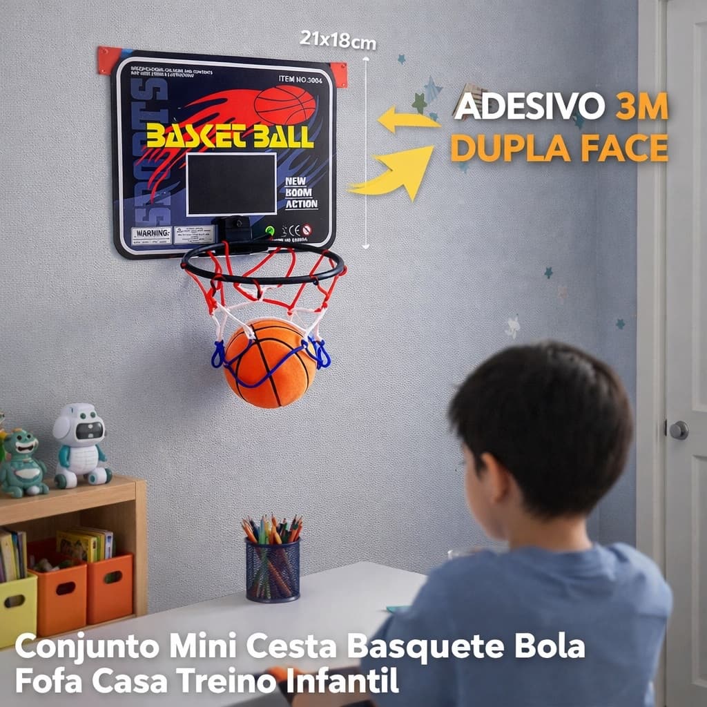 Conjunto Mini Cesta Basquete Bola Fofa Casa Treino Infantil 21x18cm Quarto Adesivo 3m Dupla Face Aro 10cm