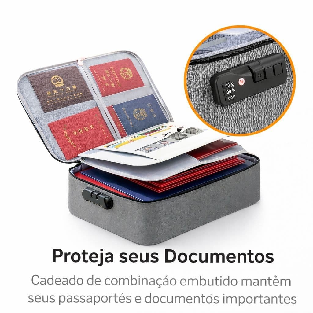 Bolsa Pasta Organizador De Documentos Vários Compartimento Trava Com Segredo Passaporte Porta Cartão