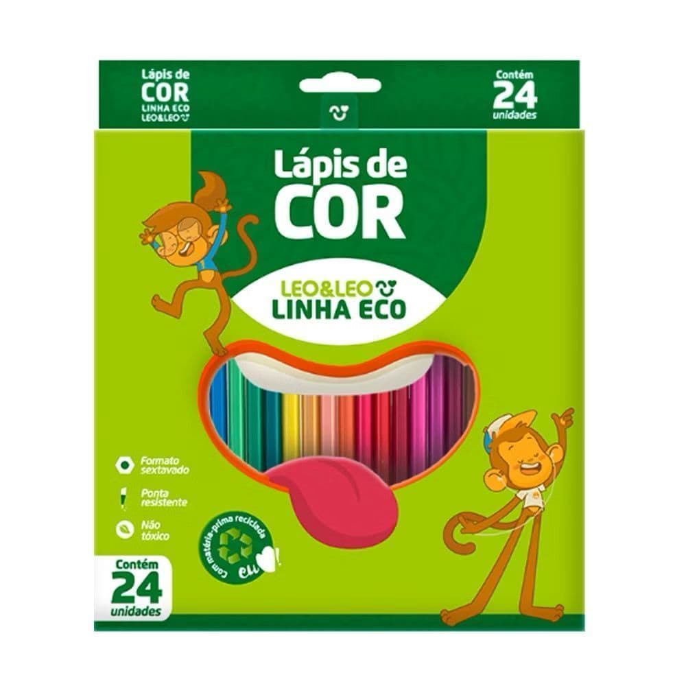 Lápis de Cor 24 Cores Leo&Leo Sextavado Resina Ecológico Escolar Desenho