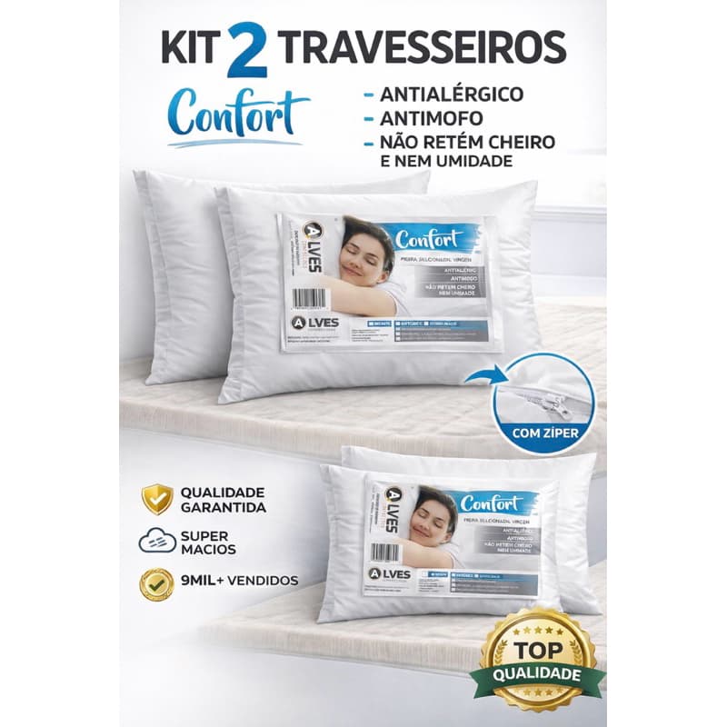 Kit 2 Travesseiros CONFORT  50cm x 70cm com Ziper Macio
