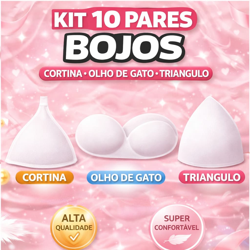 Kit 10 Pares Bojo Triângulo Cortina Olho de Gato 7mm Espuma Confecção Sutiã, Biquíni Roupas Premium