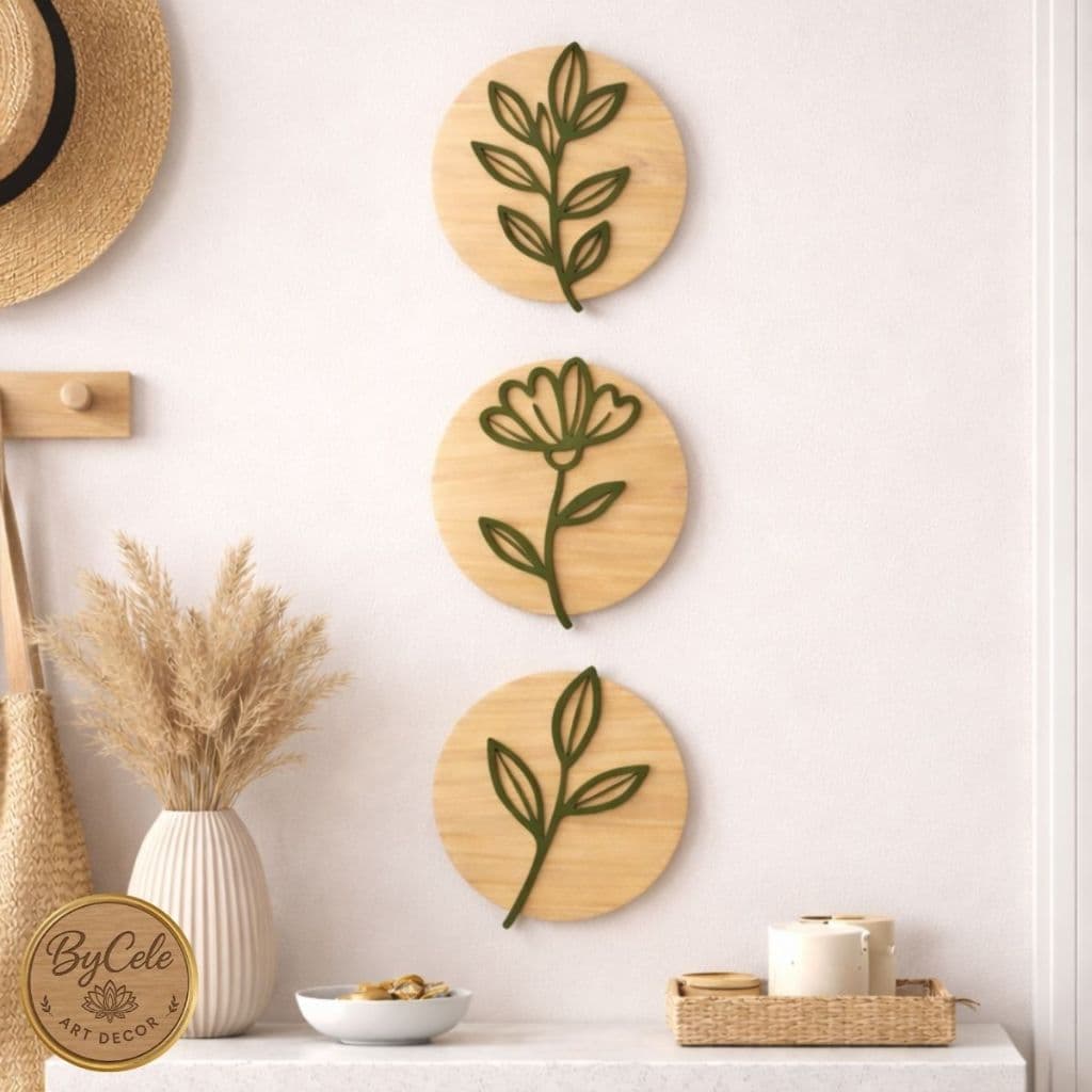 Trio Quadros Decorativos Redondos MDF 3mm  Flor e Folhagem 3D Minimalista - Kit 3 Peças 20x22cm
