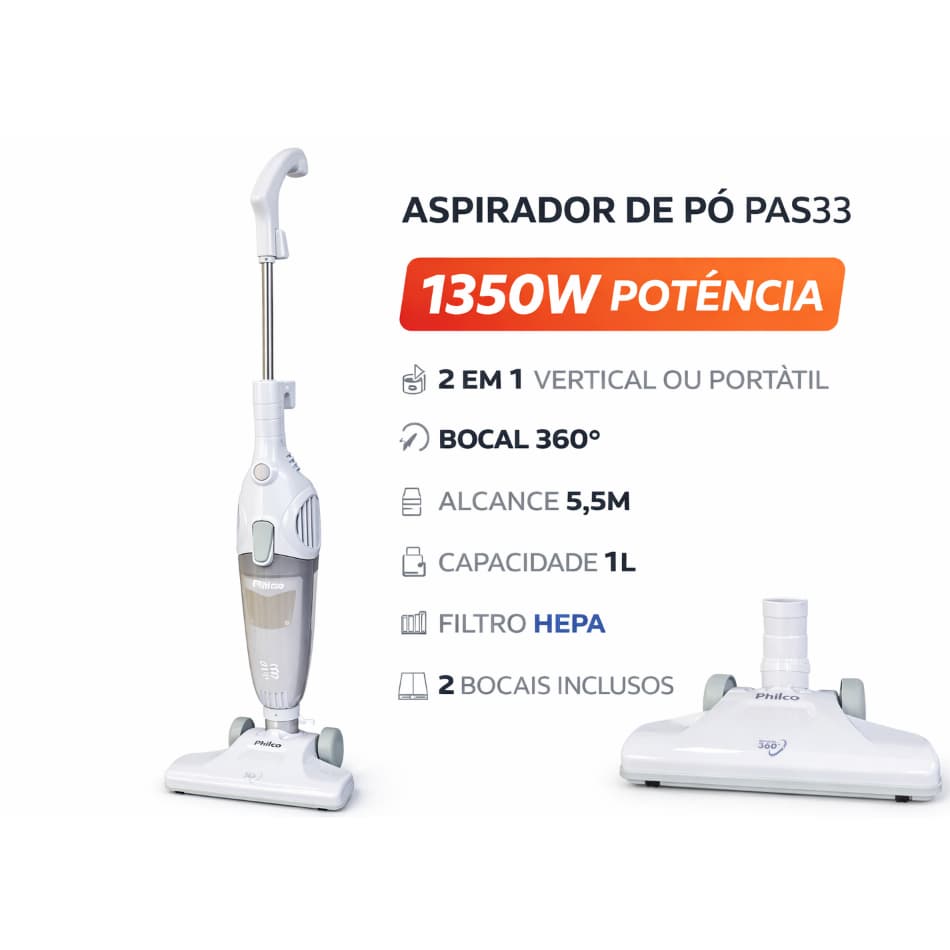 Aspirador de Pó Philco PAS33 2 em 1 Vertical e Portátil 1350W Filtro HEPA 1L Bocal 360°