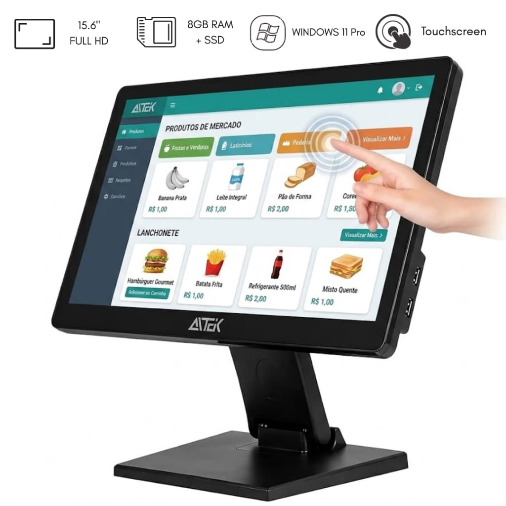 Terminal POS All In One 15.6" IPS Touch Intel J6412 8GB DDR4 SSD 128GB Windows 11 Pro PDV Comercial