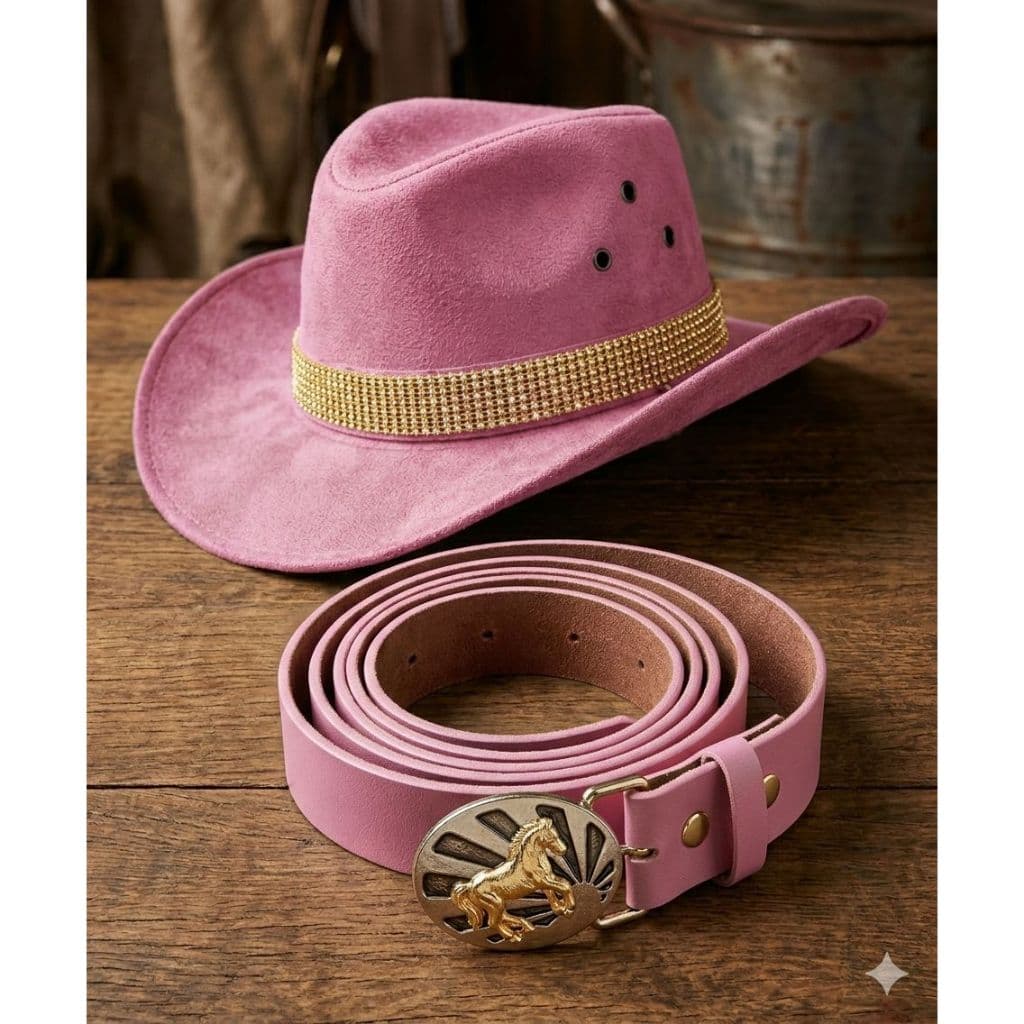 Kit Boiadeira Country Infantil Unissex Chapéu Cowboy Strass e Cinto Fivela 80cm Rodeio Festa Junina Barretos Pro