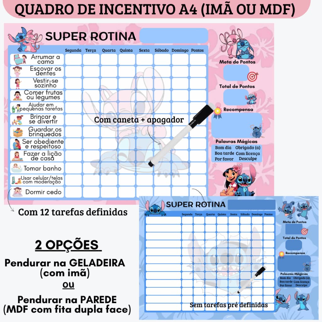 Quadro de Incentivo Rotina STITCH ANGEL + Caneta c/ Apagador (Imã p/ Geladeira ou MDF p/ Parede) - Tarefas, Atividades