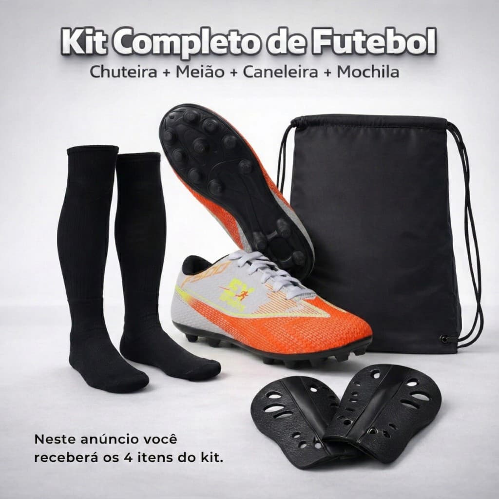 Kit Completo de Futebol Infantil com Chuteira Meião Caneleira Mochila e Acessórios