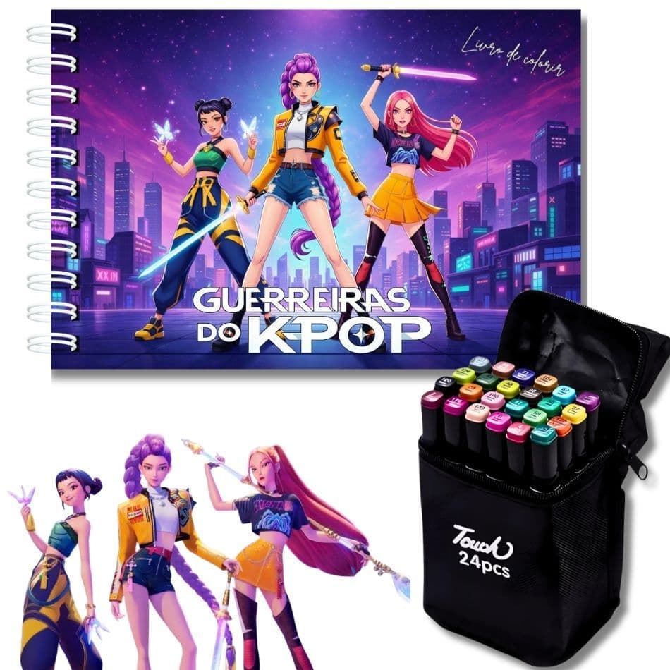 Kit Livro de colorir GUERREIRAS DO K-POP + 24 CANETINHAS | Capa dura | folhas grossas 180g | 50 folhas