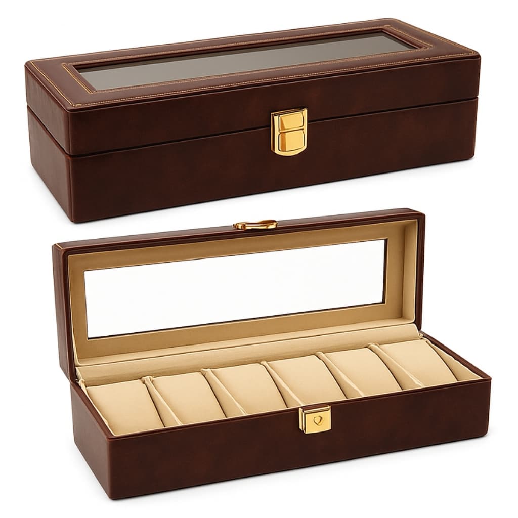 Estojo Porta Relógio Organizador Espaço Para 6 Relógio MDF E Em Couro Sintético Moderno Luxo