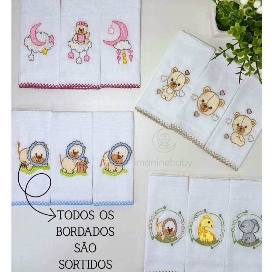 Pano de Boca Bordada para Bebe 100% Algodão com 3unid Babete Fralda de Boca