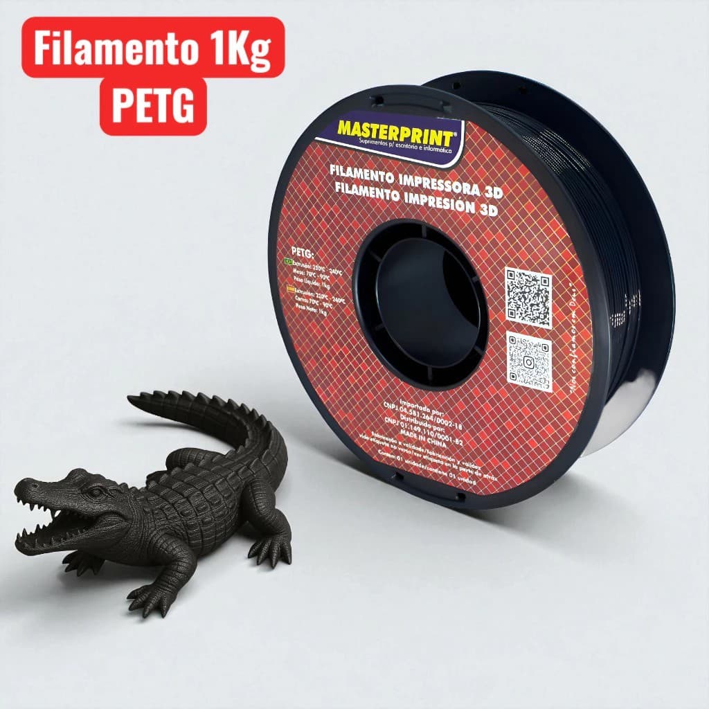 Filamento PETG Preto 1,75mm 1kg Masterprint para Impressora 3D Alta Resistência Brilho Profissional