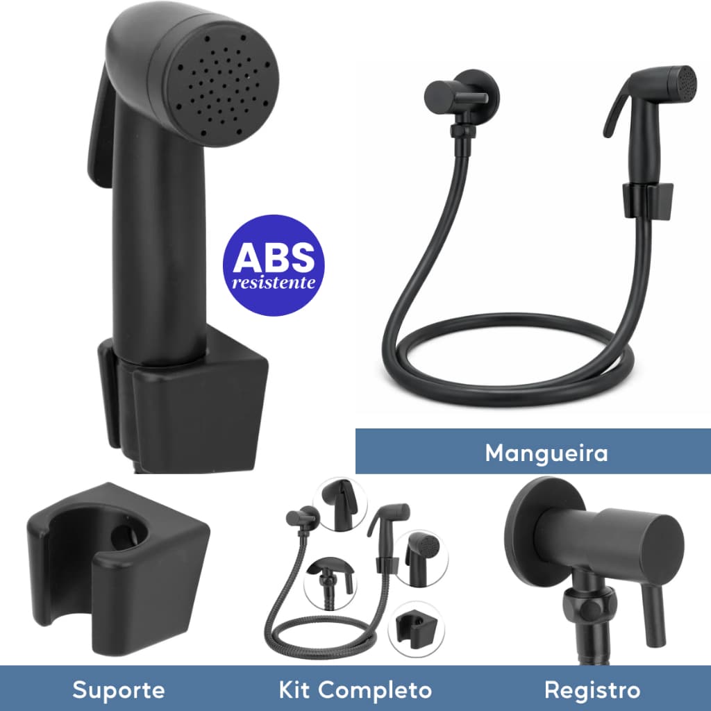 Ducha Higiênica Preta Luxo ABS 1/4 Volta com Mangueira Flexível e Registro Banheiro Duchinha Chuveirinho