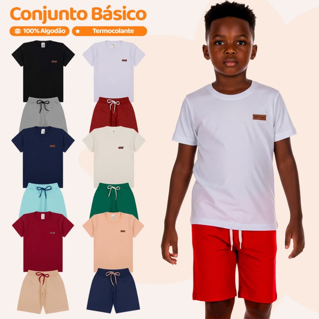 Kit Básico 6 Peças Roupa Infantil Menino - 3 Camisetas Básicas + 3 Bermudas - 3 Conjuntos Lisos Bebê Menino