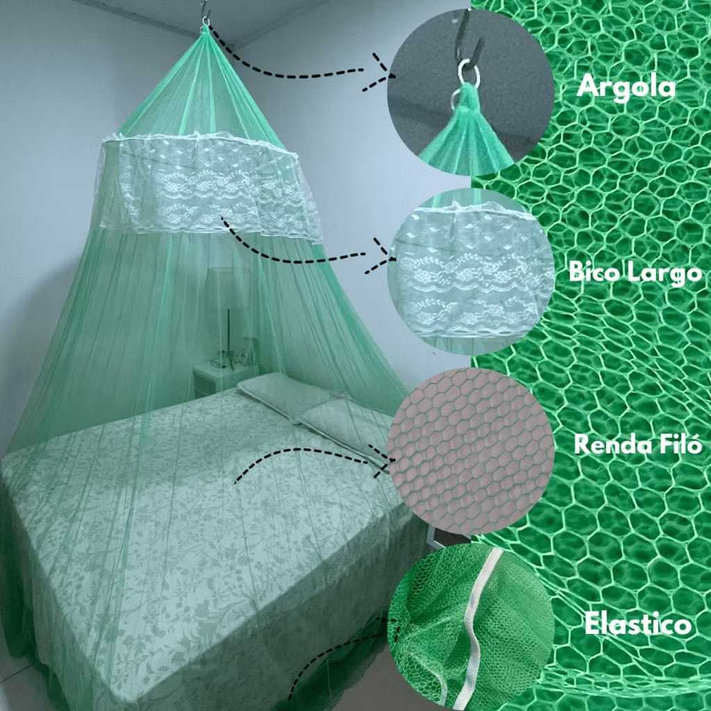 Mosquiteiro de Teto Filó com babado largo bordado  Renda com Proteção Contra Insetos para Cama Casal