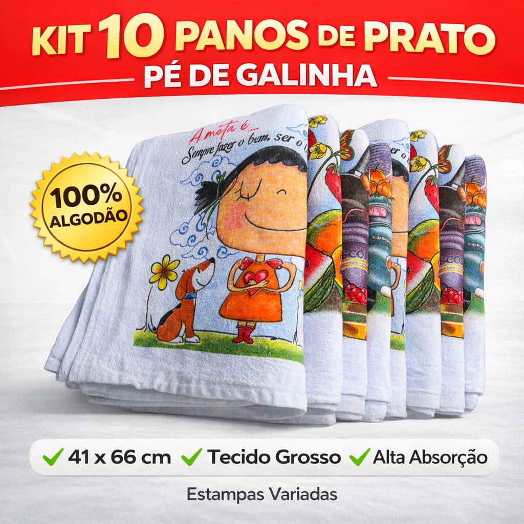 Kit 10 Pano De Prato Bainha Estampado Pé De Galinha