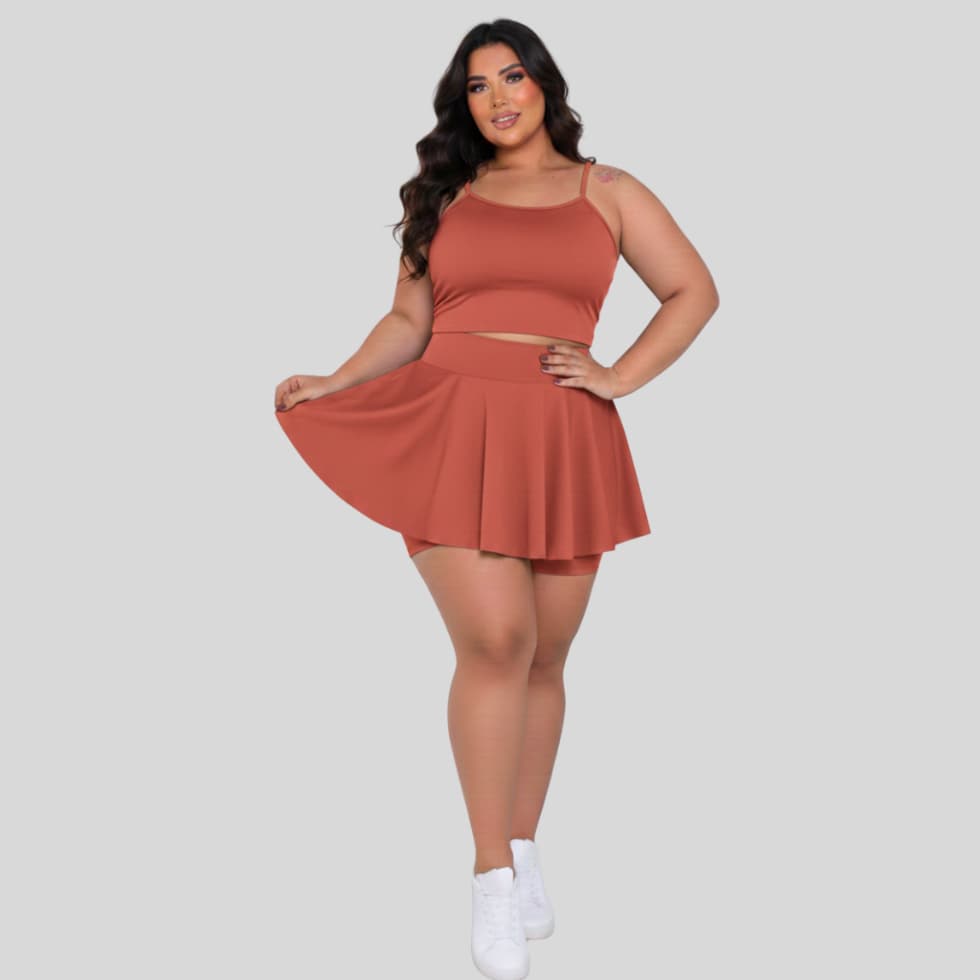 Conjunto De Academia Plus Size Feminino Blusinha e Short Saia com Elástico Fitness, Treino, Caminhada E Tênis GG ao G3