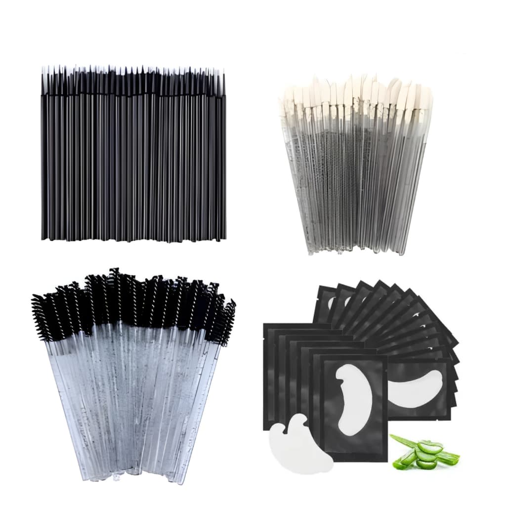 Kit Profissional Cílios 100 Microbrush Preto + 50 Escovinhas + 50 Gloss + 10 Pads Gel black