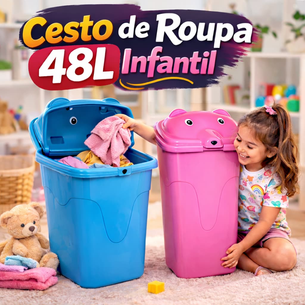 Cesto de Roupa Infantil 48L Organizador Multiuso Plástico Resistente Tampa Ursinho Quarto Banheiro Brinquedos