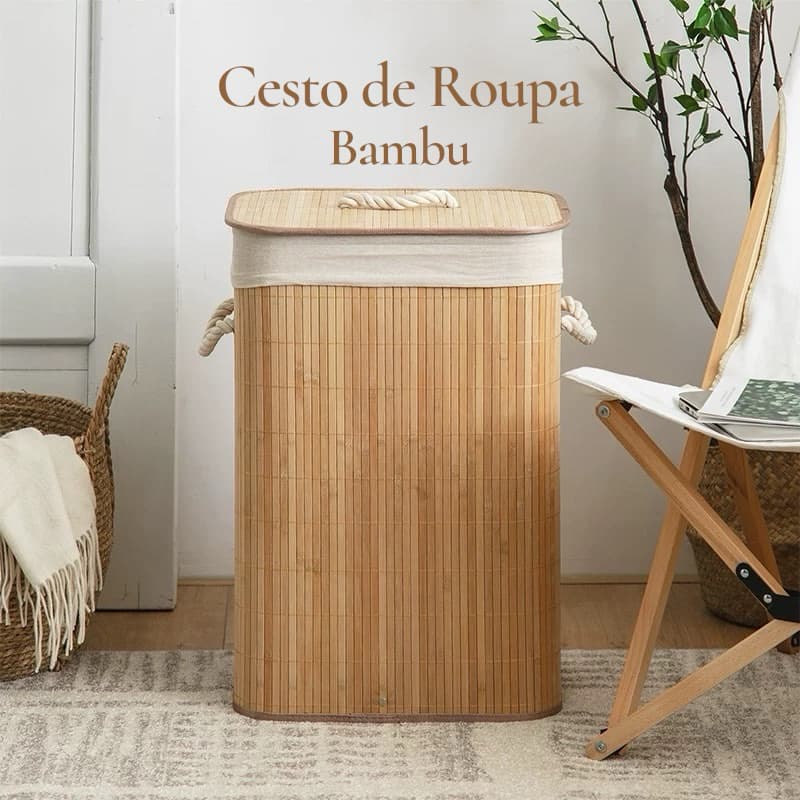 Cesto de Roupa Suja de Bambu com Tampa e Kit 3 Cestos Organizadores Multiuso
