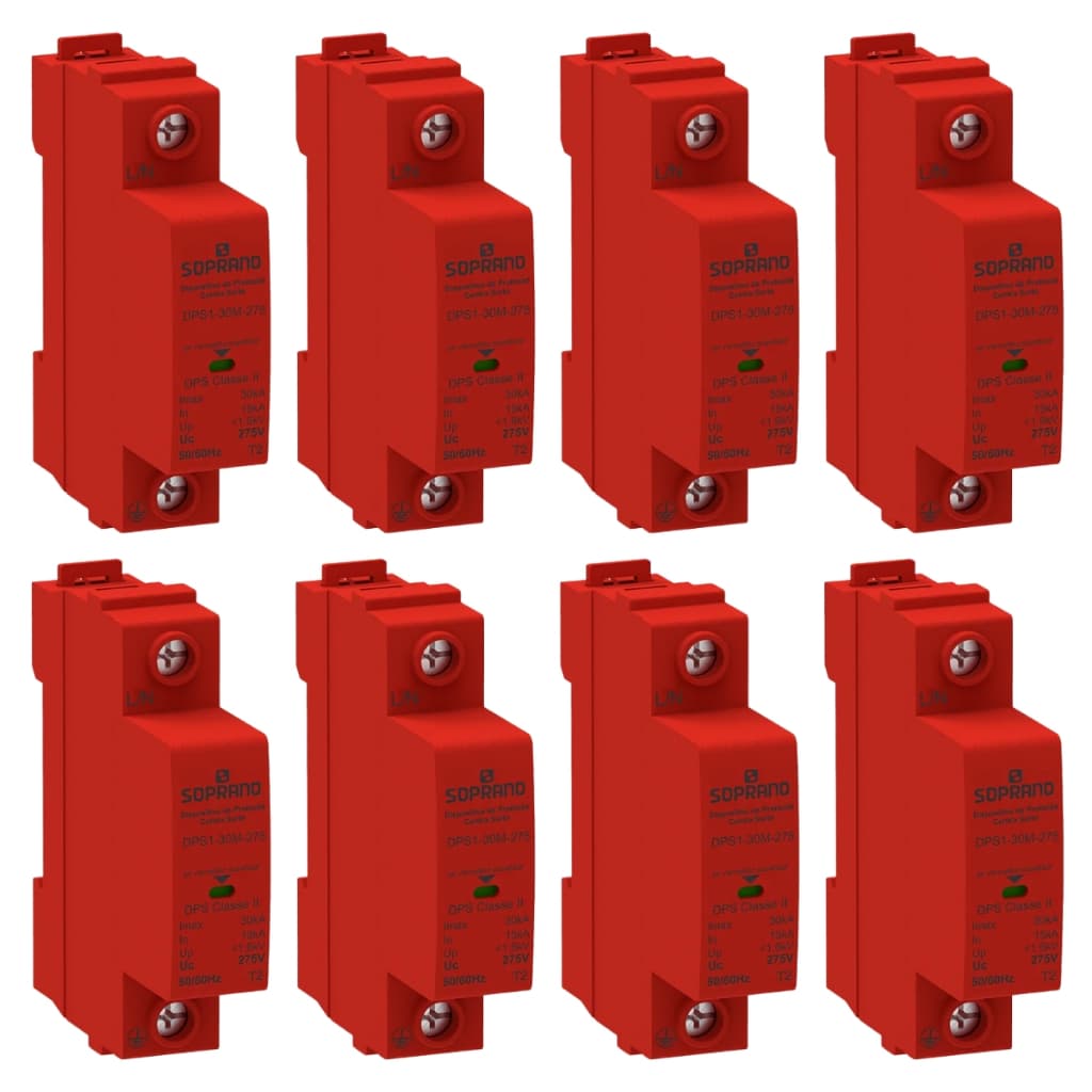 Kit 8 Dispositivo Protetor Contra Surtos Anti Raio Dps Monobloco 1P 15-30KA 275VAC - DPS1-30M-275