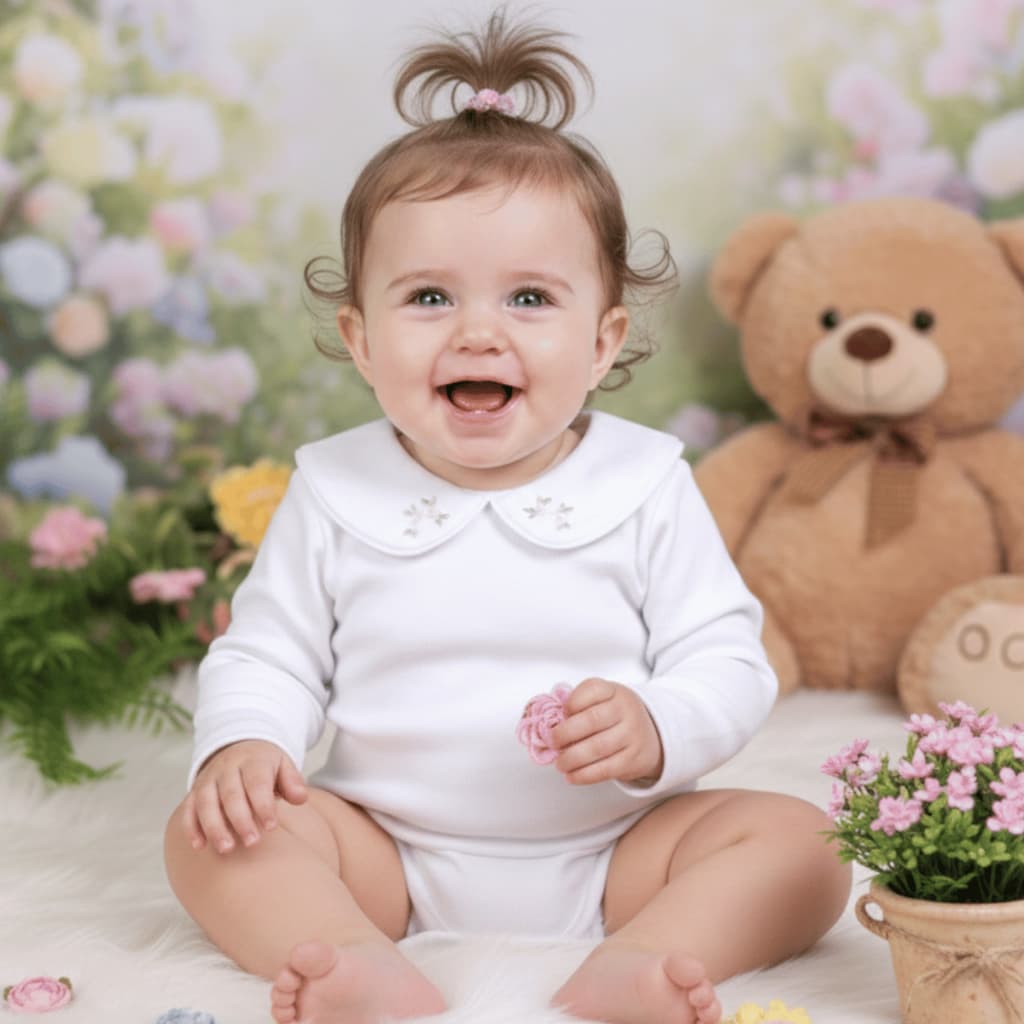 Body Menina Gola Bordada Manga Longa 100% Algodão