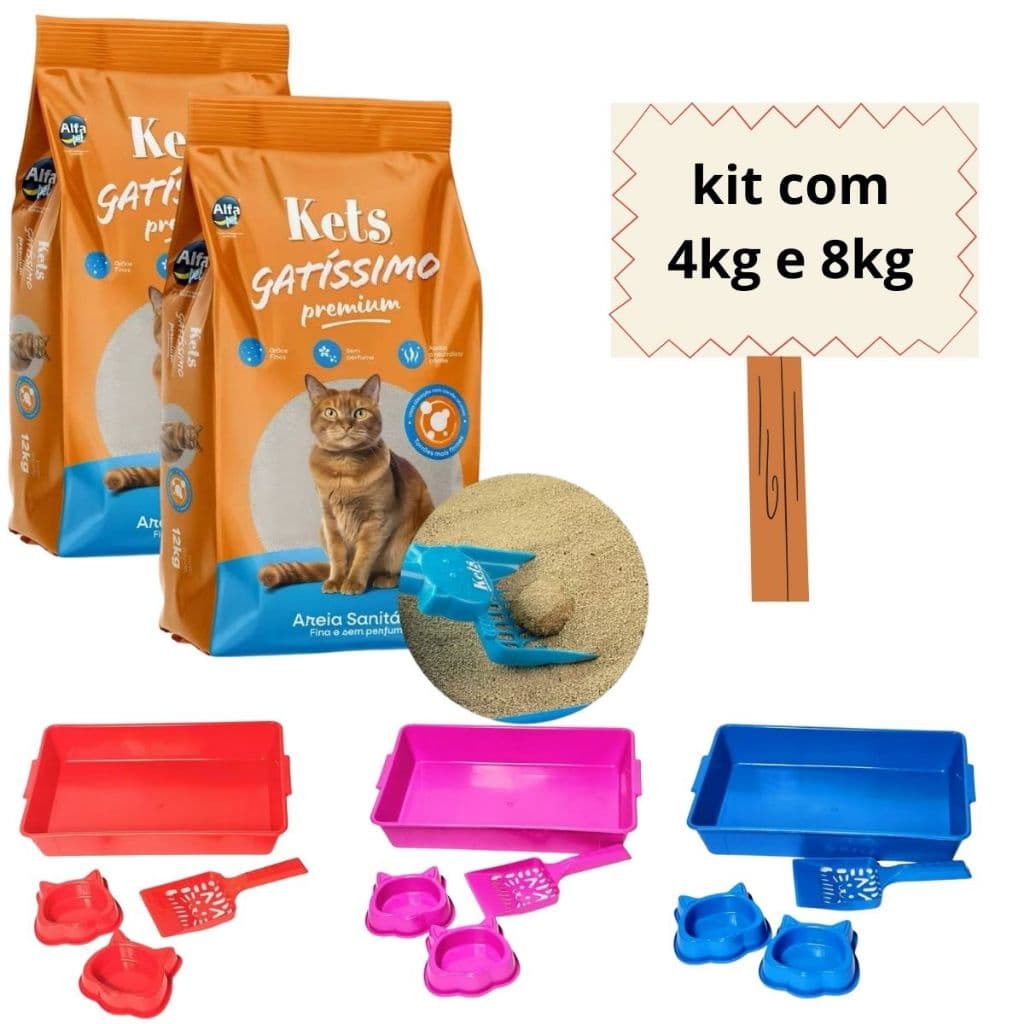 Kit Areia Gatissimo Sem Perfume 4Kg 8kg Caixa de Areia para gatos + comedouro + bebedouro + pazinha