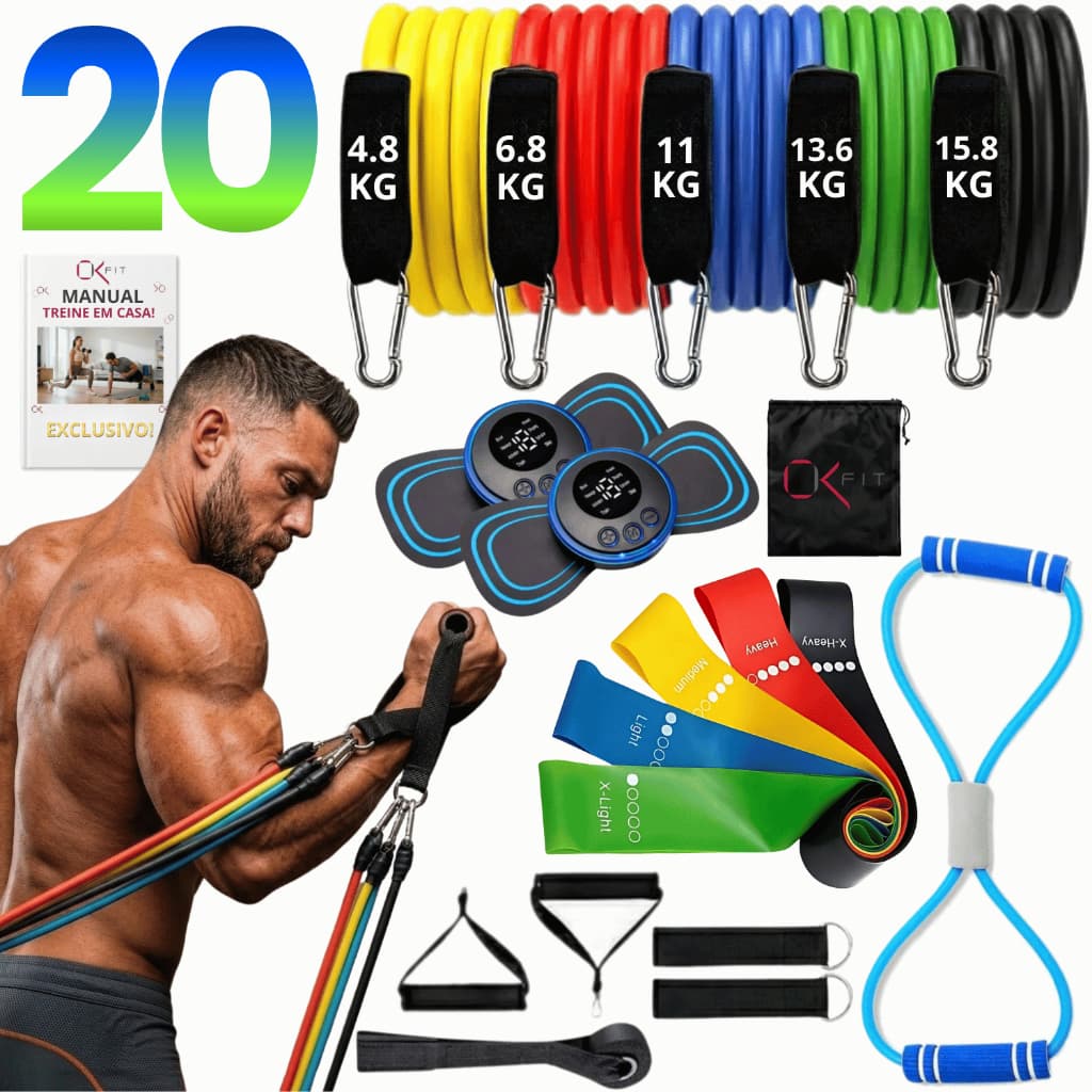 Kit Treino em Casa 20 Itens Elásticos de Resistência | Mini Bands Extensores Academia em Casa