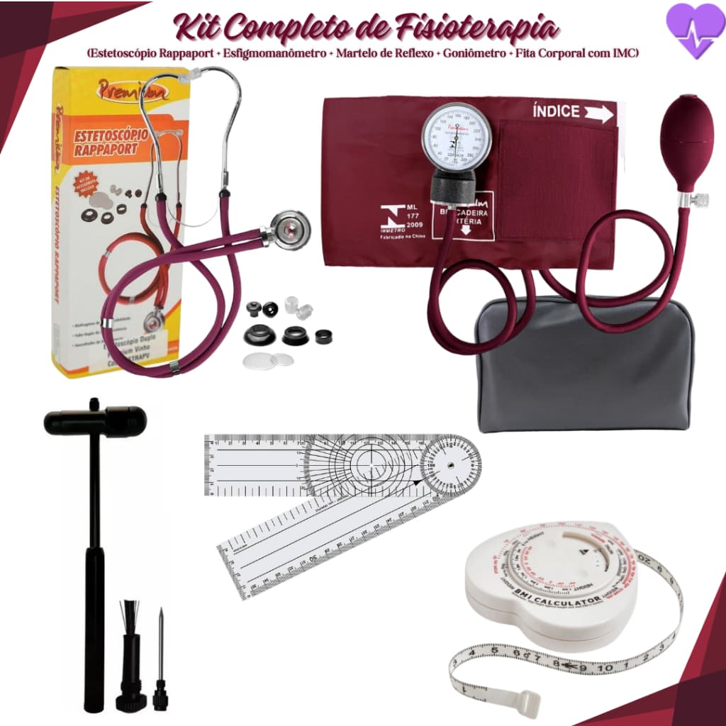 Kit de Fisioterapia Completo com Goniômetro, Fita Métrica de IMC, Martelo de Reflexo, Aparelho de Pressão e Estetoscópio