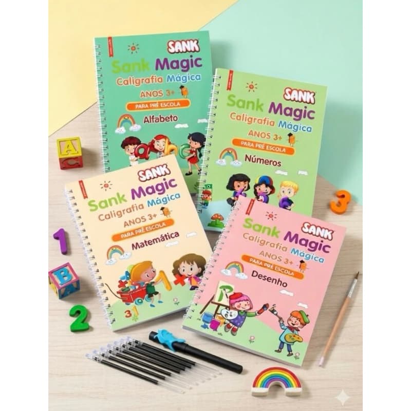 Letra Cursiva Kit 4 Cadernos Infantil Didático De Prática De Caligrafia Mágica Com Canetas Grátis Sank Magic