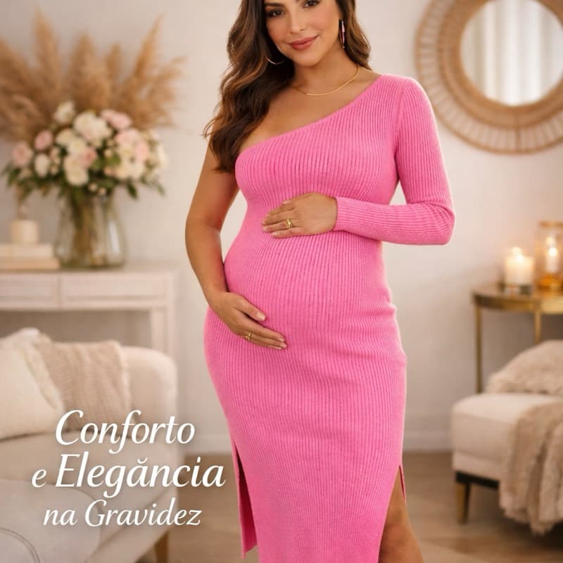 Vestido Gestante Canelado Manga longa Elegante Ajustável Gravidez Confortável Festa Chá de Bebê
