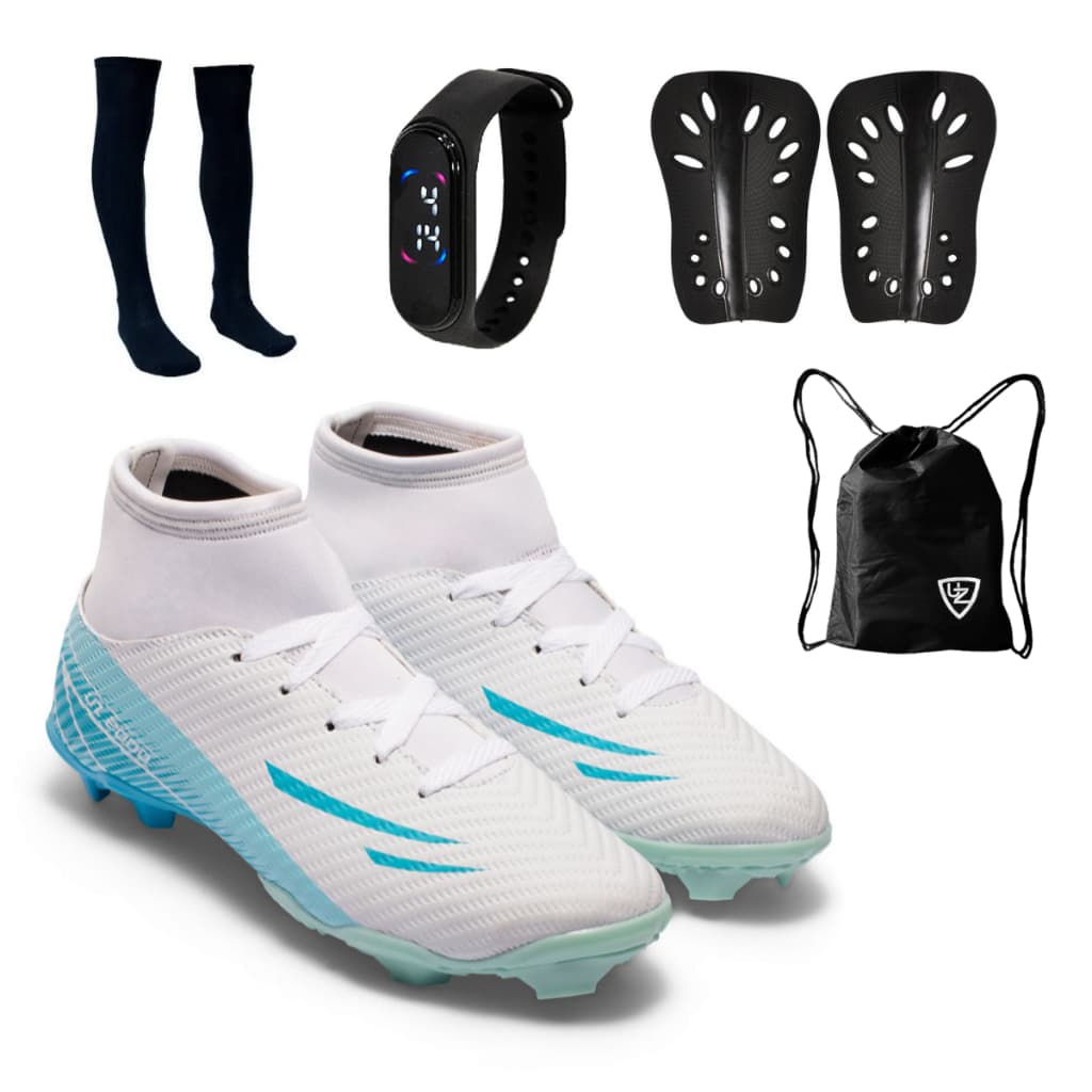 Chuteira Campo UZ 2000 Adulto Botinha Cano Alto Lançamento Uzze Sport + Meião Relógio Caneleira Mochila