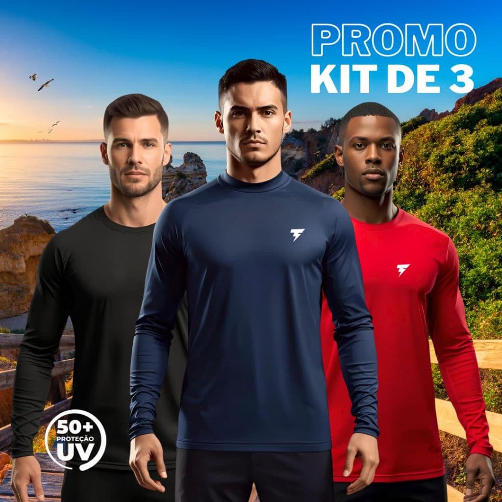 Kit 3 Camisa Térmica Masculina Manga Longa Proteção Uv50 Símbolo Refletivo Dry Fit Segunda Pele