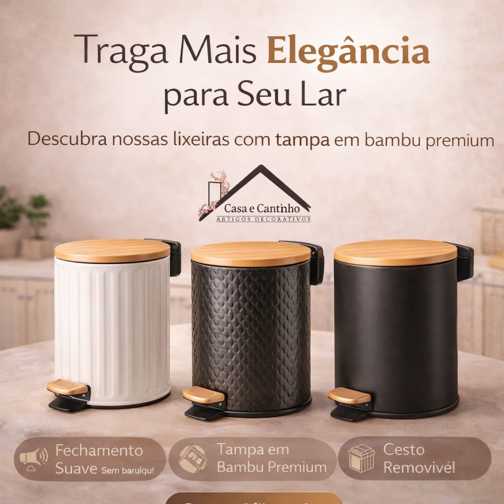 Lixeira Com Balde e Amortecedor 5L com Tampa de Bambu Para Banheiro Cozinha Escritório Ferro