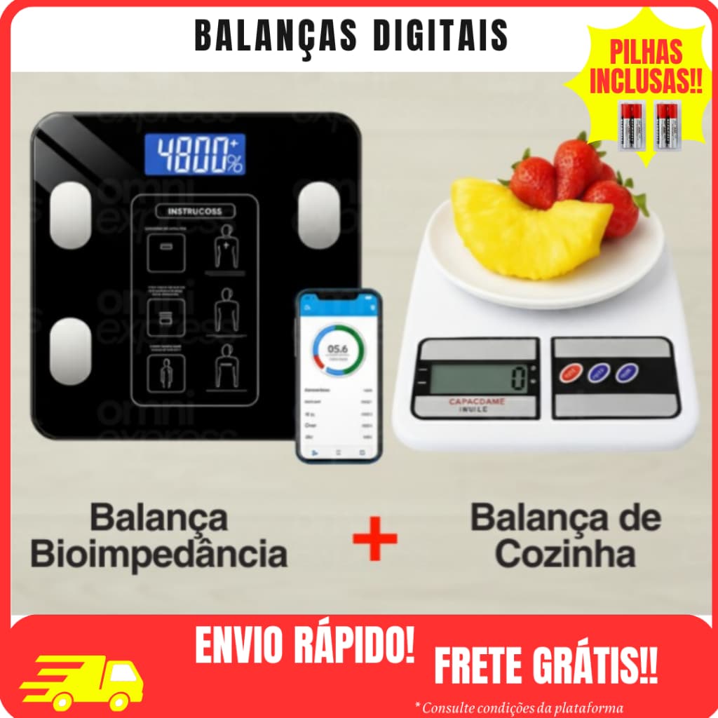 Balanças Digital Cozinha e Bioimpedância Para Dieta e Nutrição Fitness Pilhas Inclusas Premium APP Inteligente