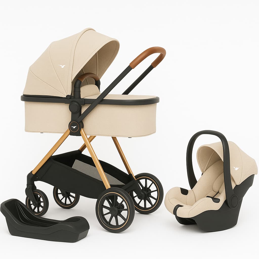CARRINHO EUROPEU BEGE 6 EM 1 COM BEBÊ CONFORTO MOÍSES REVERSÍVEL E BASE ESTRUTURA PRETA E DOURADA