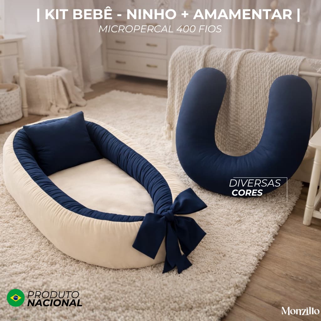 KIT BEBÊ  | NINHO REDUTOR DE BERÇO |  ALMOFADA AMAMENTAÇÃO | 400 FIOS |  CORES LISAS |