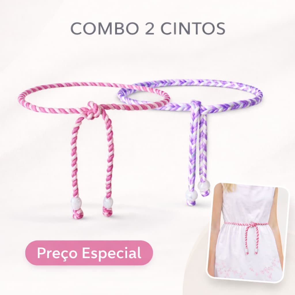 KIT 2 Cintos Infantil Trançado Rosa Duplo com Ponteiras Decorativas