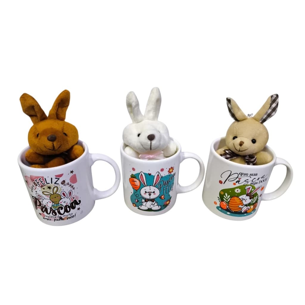 Mini Coelho Pelúcia Com Caneca Porcelana  Para Pascoa Decoração