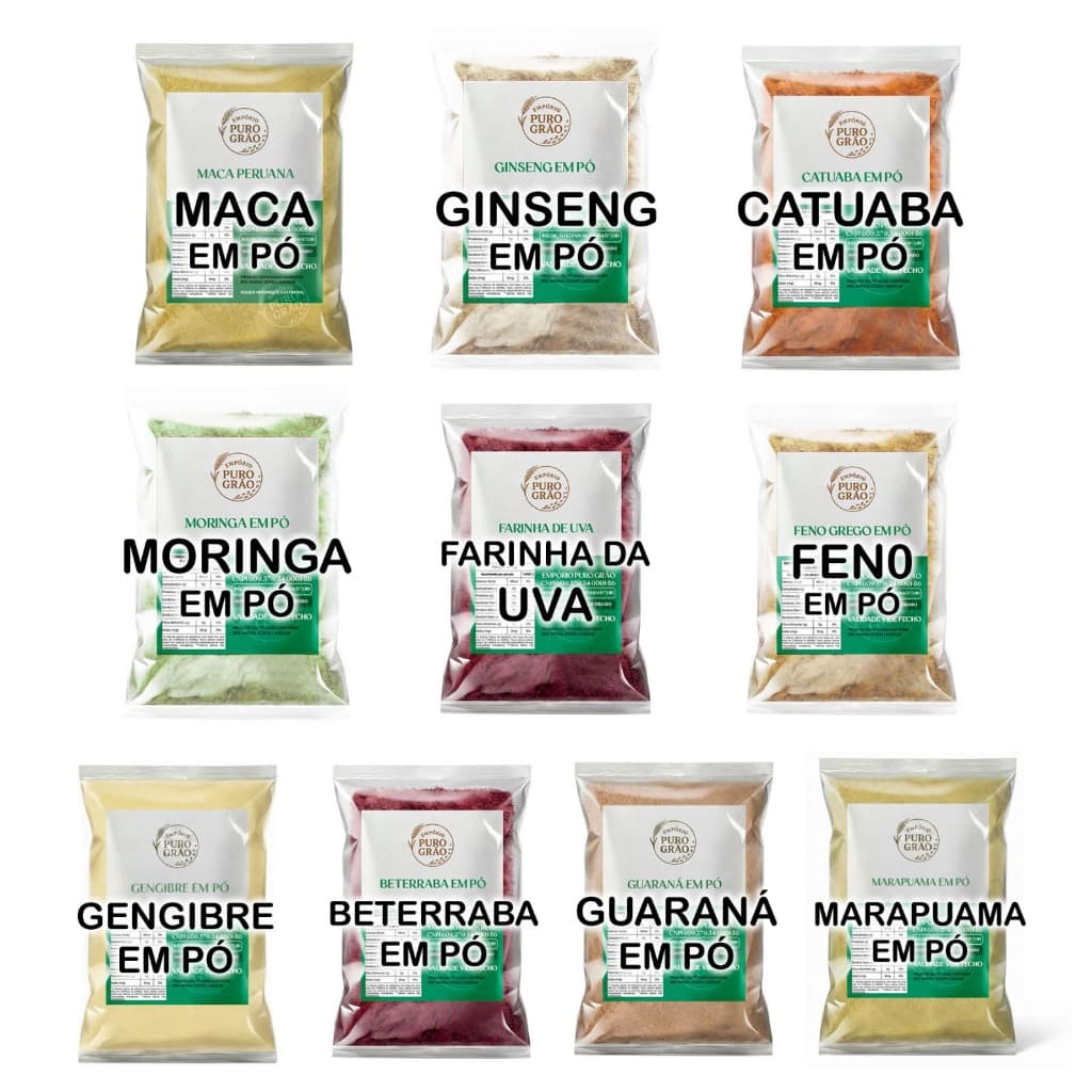 Pré Treino Natural Pó Kit 10 Itens Farinhas Beterraba Guaraná Uva Gengibre e outros...