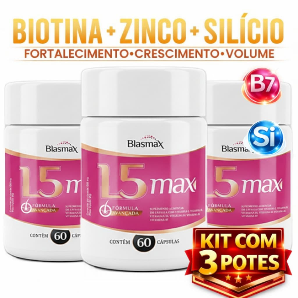 Biotina Queda de Cabelo Crescimento Capilar Feminino Zinco Silício - Kit 3 Frascos -  L5Max Blasmax