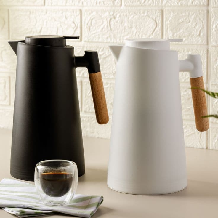 Garrafa Termica Nórdica com Botão e Cabo de Madeira Rustico - 1L Mantém Quente Por Mais Tempo