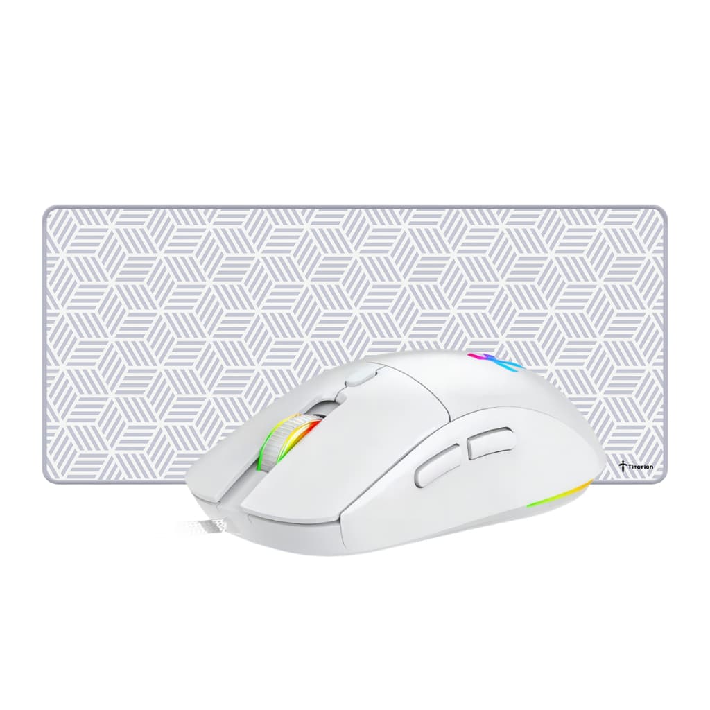Kit Mousepad Extra Grande + Mouse Gamer com fio USB RGB Deskpad Speed Preto Branco Hexágono Titorion