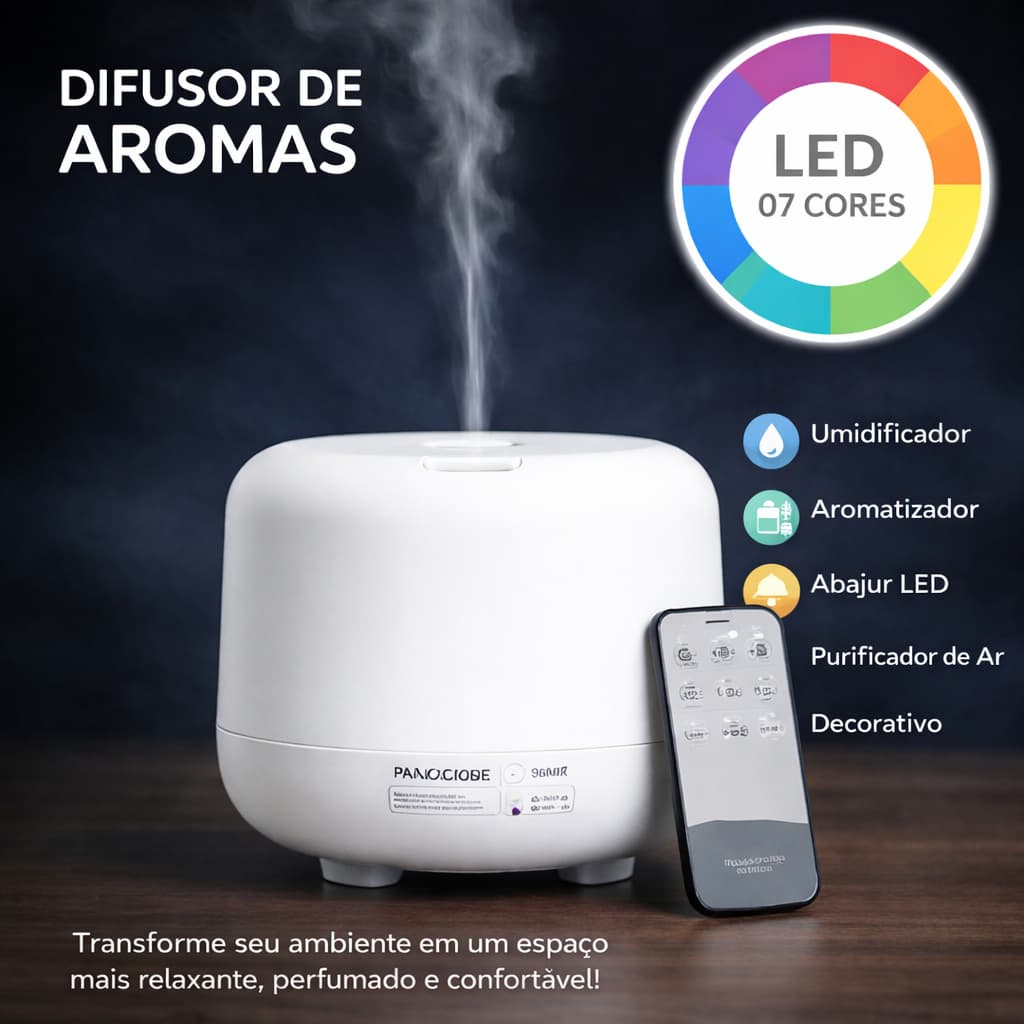 Difusor Aromas Ultrassonico 5 Em 1 Umidificador Ar Abajur Led Colorido Controle Remoto Aromaterapia