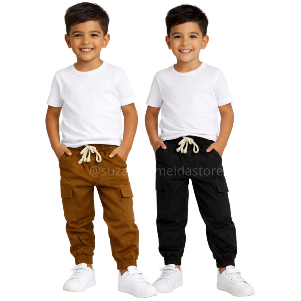 Kit 2 Calça Cargo Sarja Menino Algodão Preto Bege Caramelo