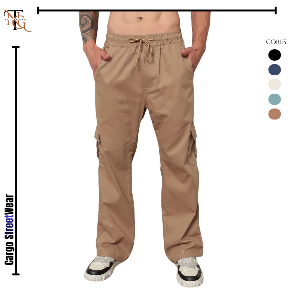 Calça Cargo Masculina Sarja Com Cordão Streetwear Balão Confort Style