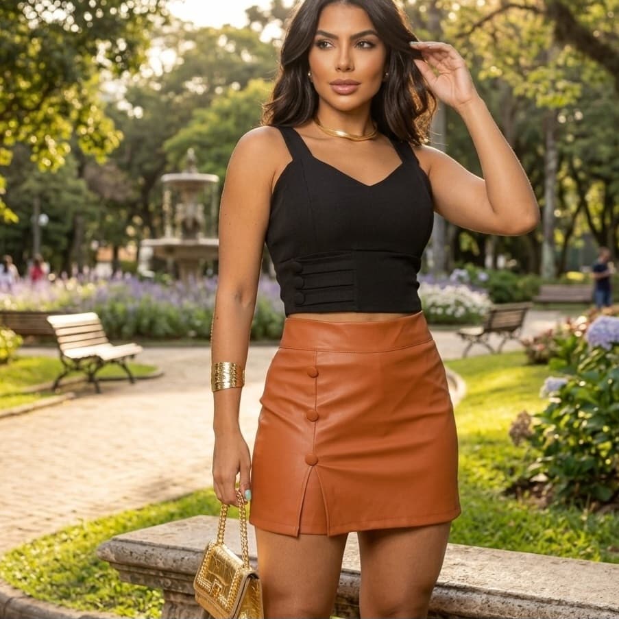 Shorts Saia Feminino Couro Courino Fake Macio Abertura na Frente Cintura Alta
