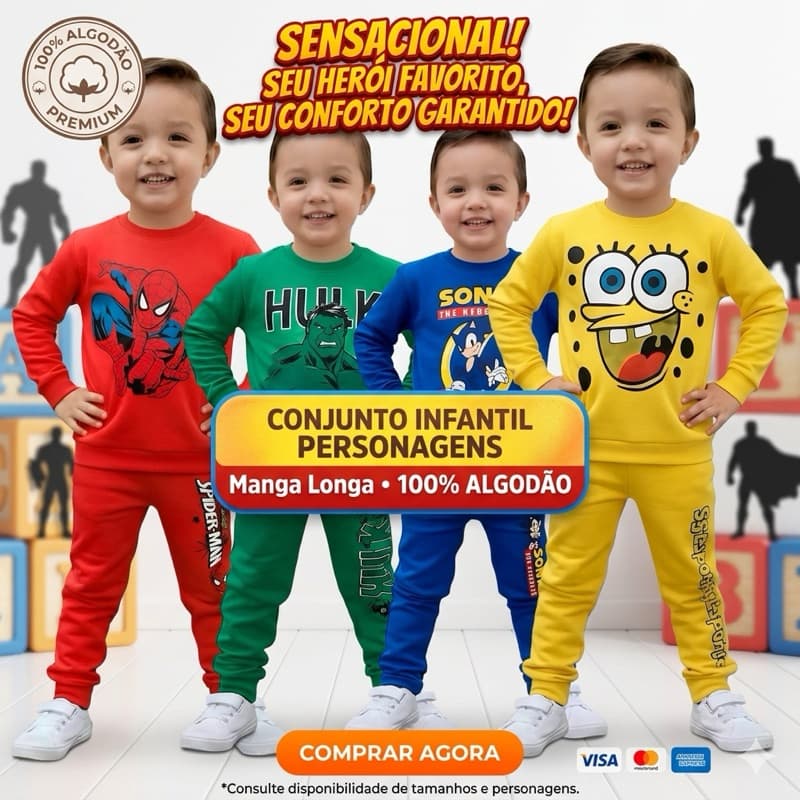 Conjunto Pijama Infantil Menino Manga Longa Personagens e Heróis 100% Algodão 30.1 Meia Estação