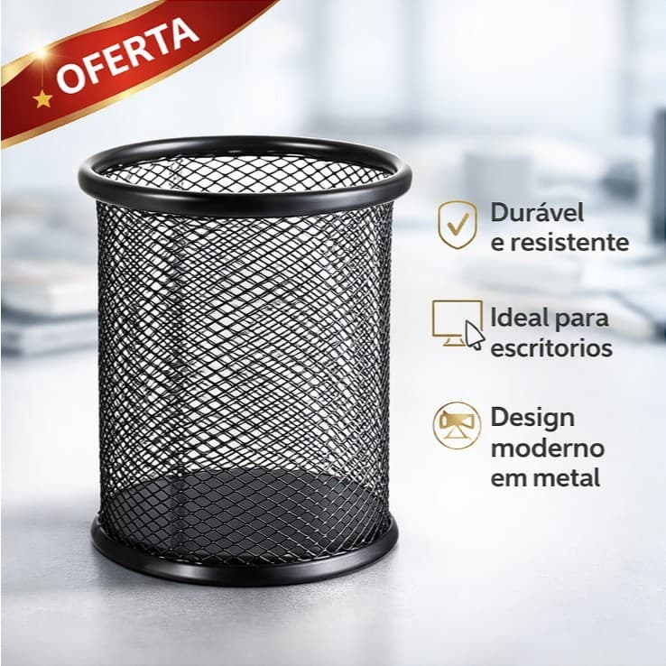Porta Caneta Organizador de Mesa Aramado Metal Preto Redondo Escritório Escolar Home Office