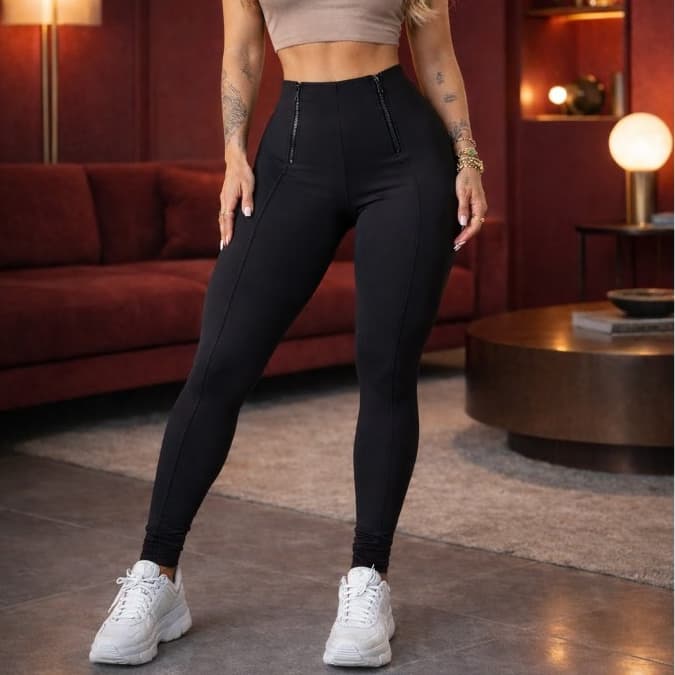 Calça Legging Max Power Com 2 Zíper Frontal Tipo Montaria