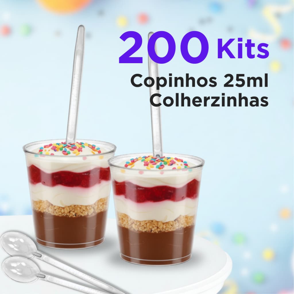 Kit 200 Copinhos 25ml Acrílico + Colherzinhas Mini - Brigadeiro, Docinho,  Festas